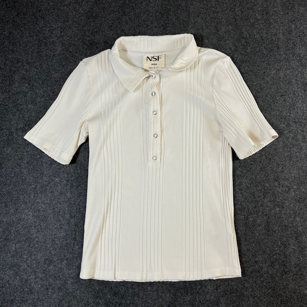 NSF Womens Ribbed Knit Polo Shirt Cream Supima Cotton Blend Short Sleeve Medium
